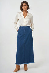 Maxi-Jeansrock mit Fransensaum