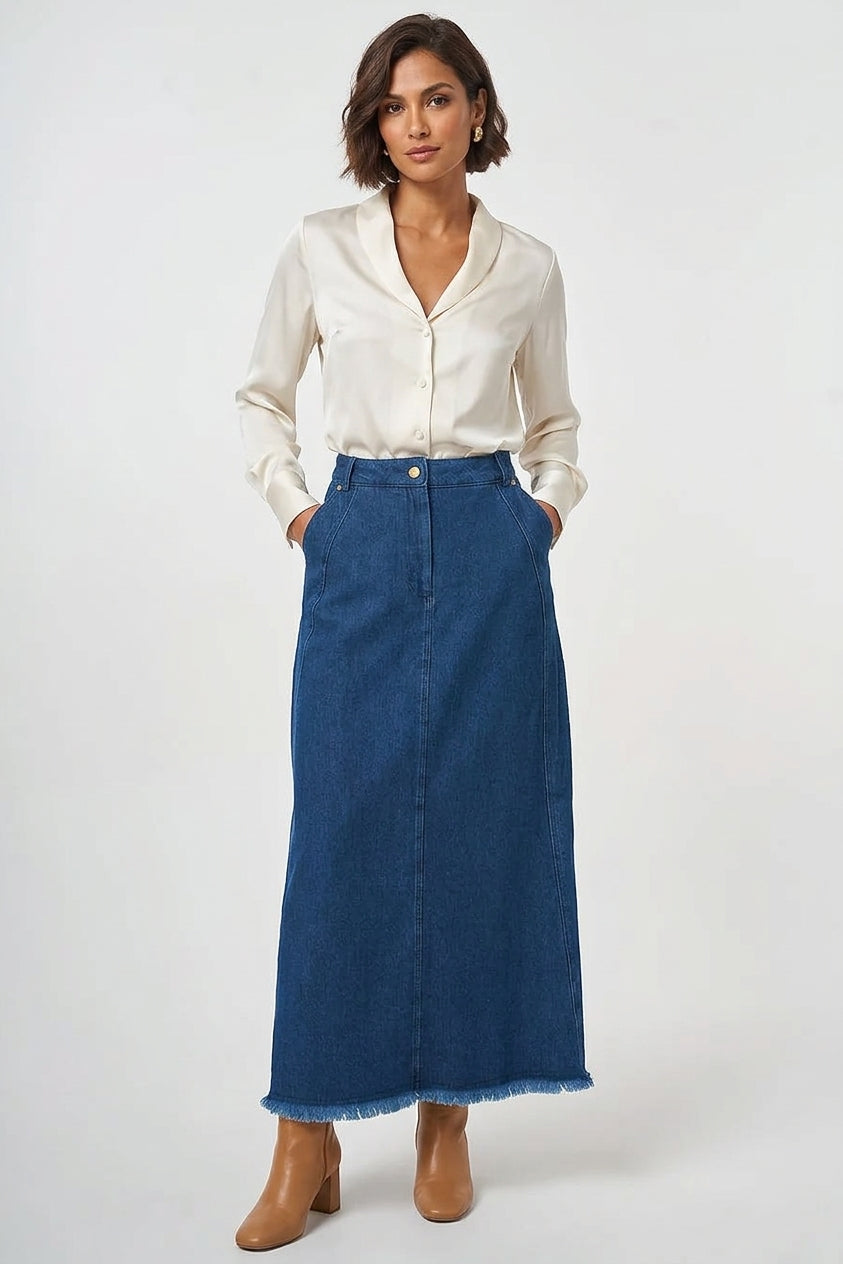 Maxi-Jeansrock mit Fransensaum