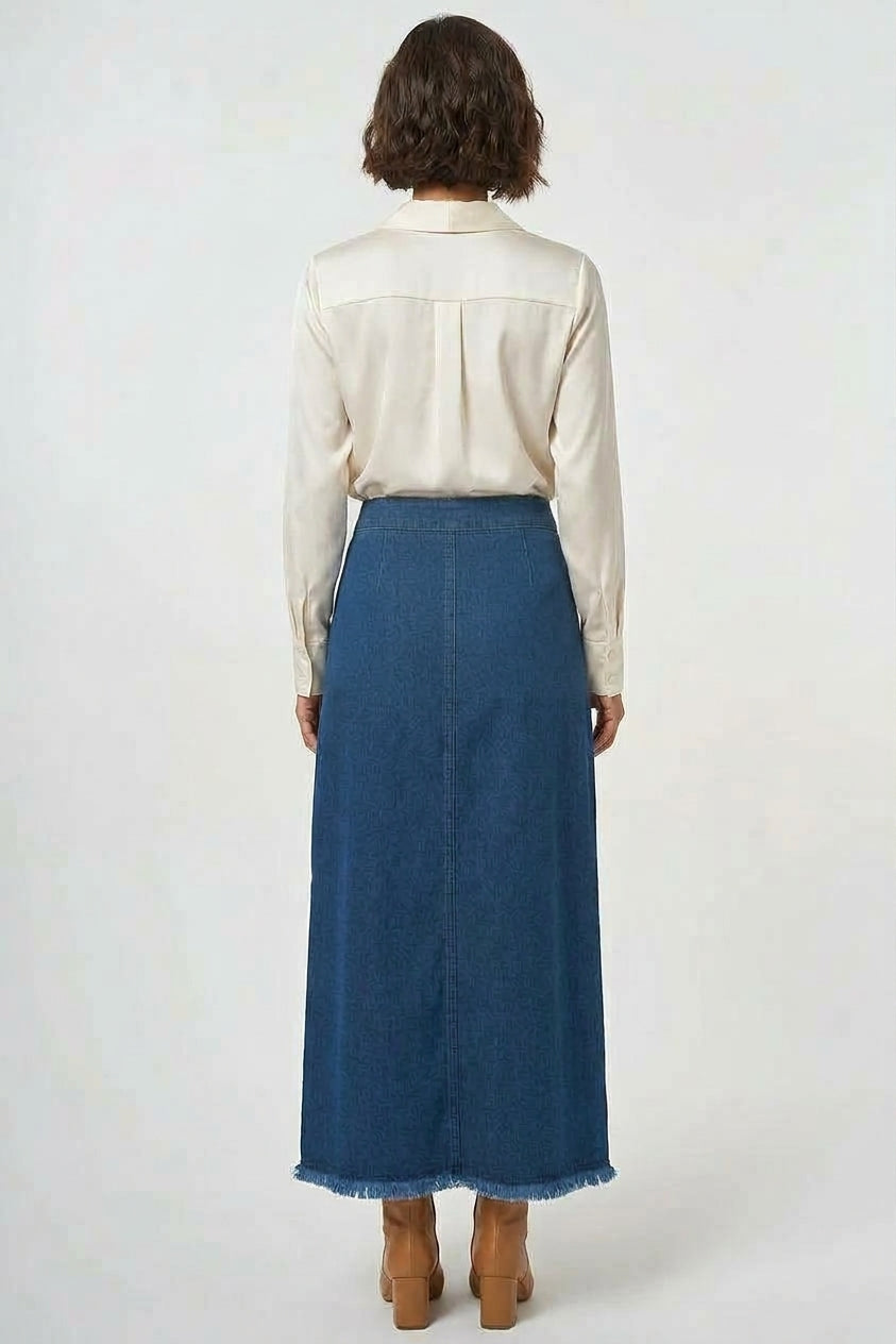 Maxi-Jeansrock mit Fransensaum